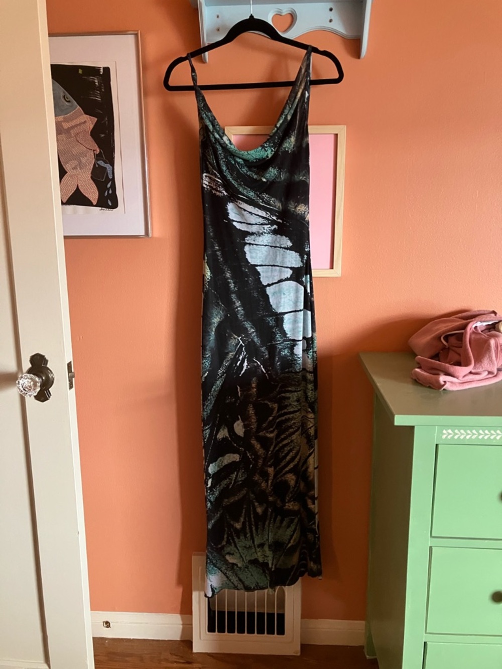 Black Maxi Slip Dress with Teal Abstract Print